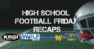 Football field in the background with the words high school football friday recaps overlaid on top.